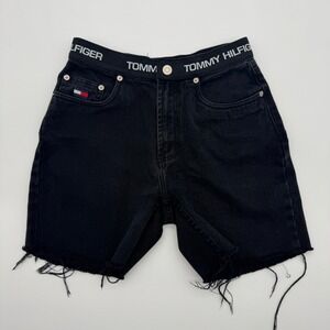 Tommy Hilfiger Vintage Black Denim Shorts Logo Jorts Waistband Womens Size 2